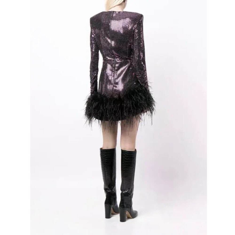 NWT Bronx and Banco Kyoto Sequin Mini Dress Purple Ostrich Feather Hem L - Picture 5 of 13